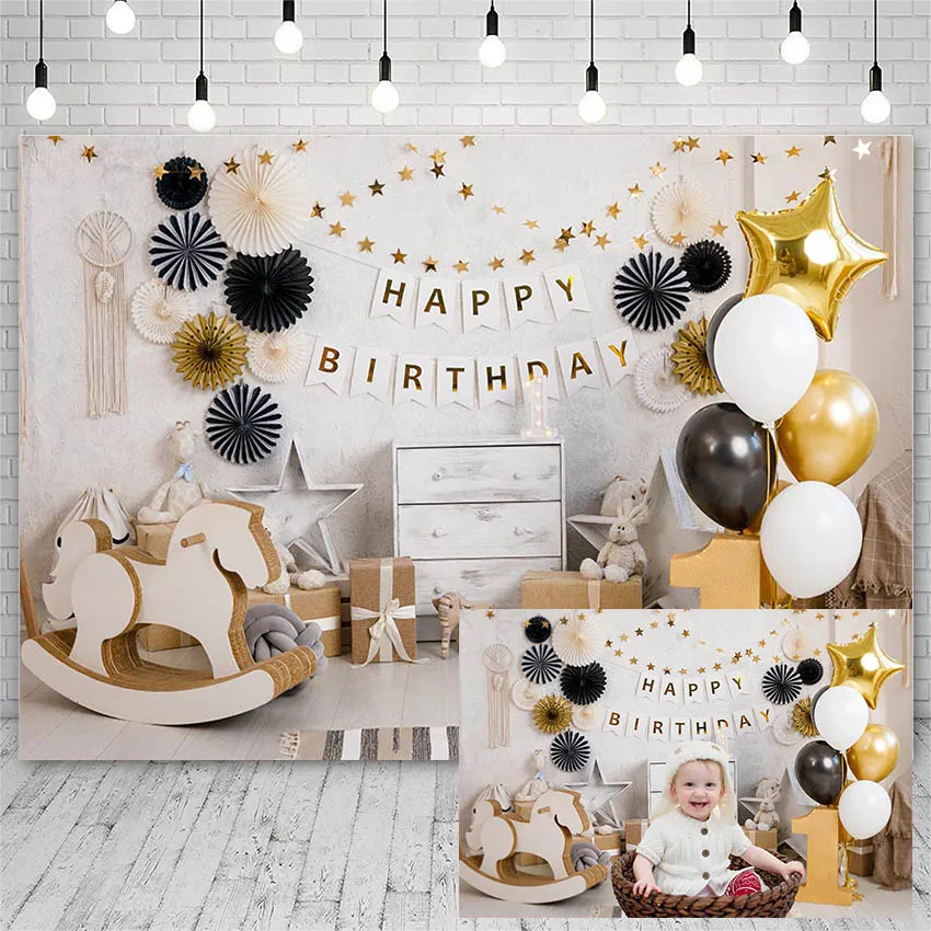 Avezano Backdrop Birthday Party Baby Shower Black Gold Balloon Trojan Gifts Decor Photography Background Photo Studio Photophone