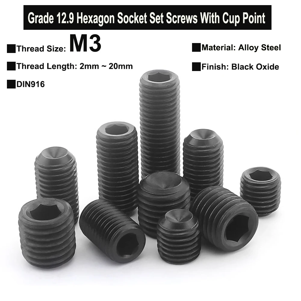 

100Pcs/50Pcs M3x2mm~20mm Grade 12.9 Alloy Steel Hexagon Socket Set Screws With Cup Point Headless Screw Black Oxide DIN916