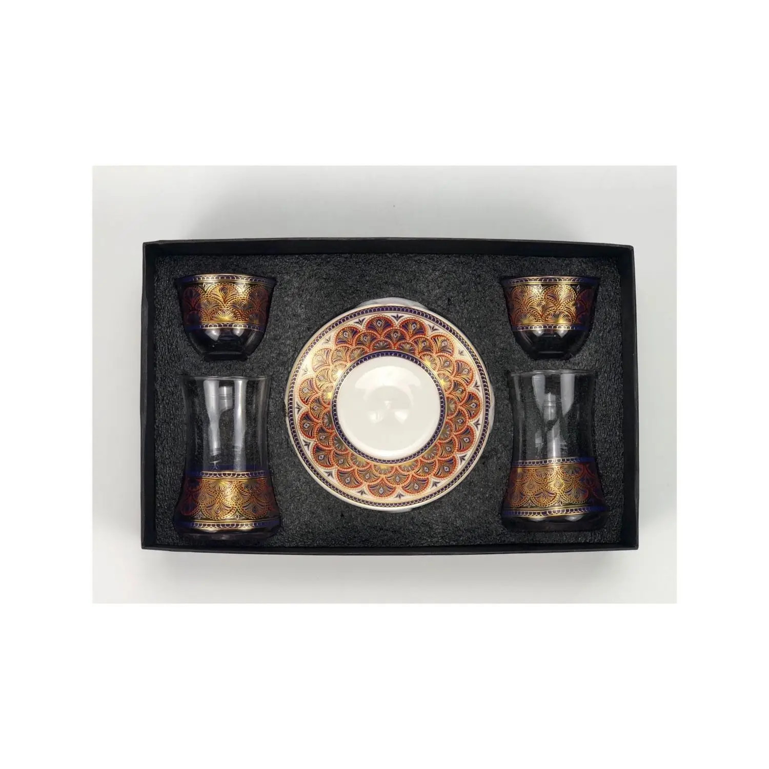 Turkish Tea Glasses Cups Set of 6 Saucers with Vintage Gold Moroccan Crystal Cut Decors for Serving and Drinking Housewarmin