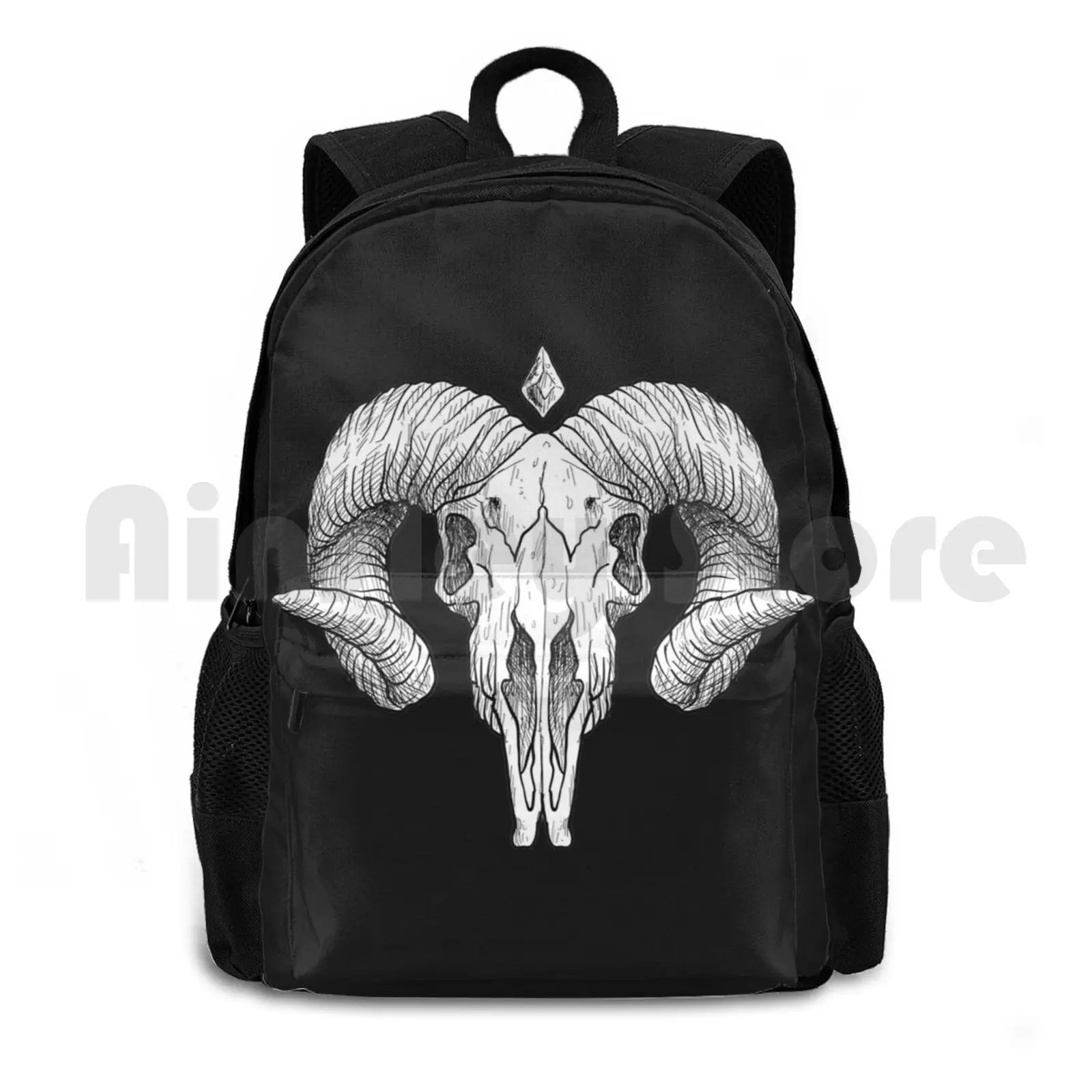 Illustrated Goat Skull-White Outdoor Hiking Backpack Waterproof Camping Travel Goat Nanny Goat Billy Goat He Goat Ram Capricorn