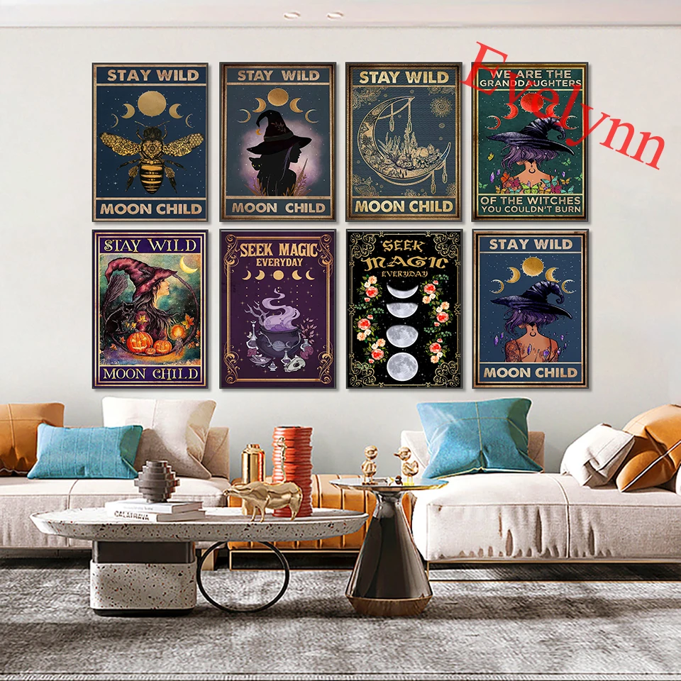 

Vintage Moon Phase Posters,Witch Moon Wall Decor,Witch Halloween Poster,Wall Art Modular Picture Home Decoration Canvas Painting