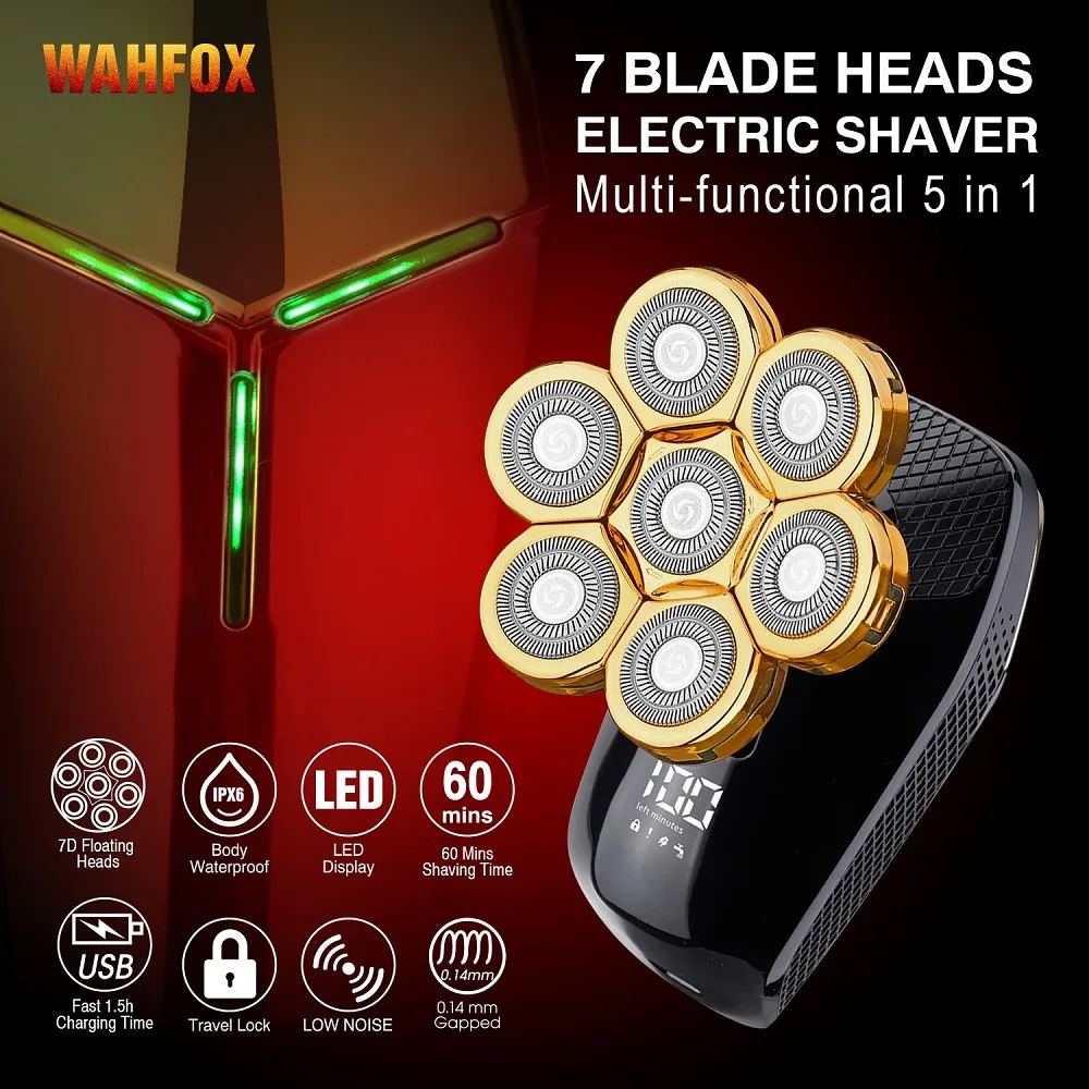WAHFOX Shaver For Men 7D Independently 7 Cutter Floating Head Waterproof Electric Razor Beard Trimmer Machine New