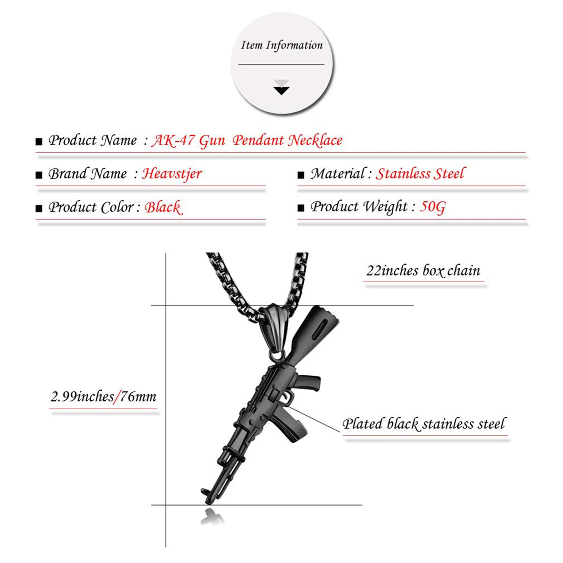 BONISKISS Charm Pistol Gun Shaped Pendant Punk Gun Army Style Chain Necklace For Men corrente masculina Jewelry With Chain 22" view 4