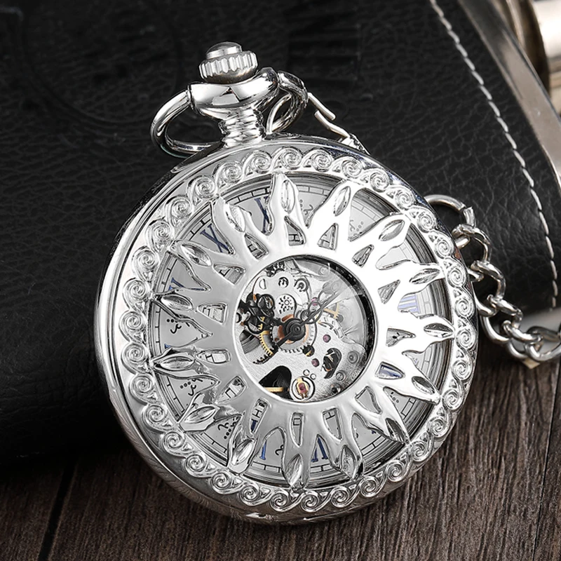 

Unique Silver Steampunk Sun Flower Hollow Design Mechanical Pocket Watch Male Clock Retro Skeleton Hand Wind Watches FOB Chain