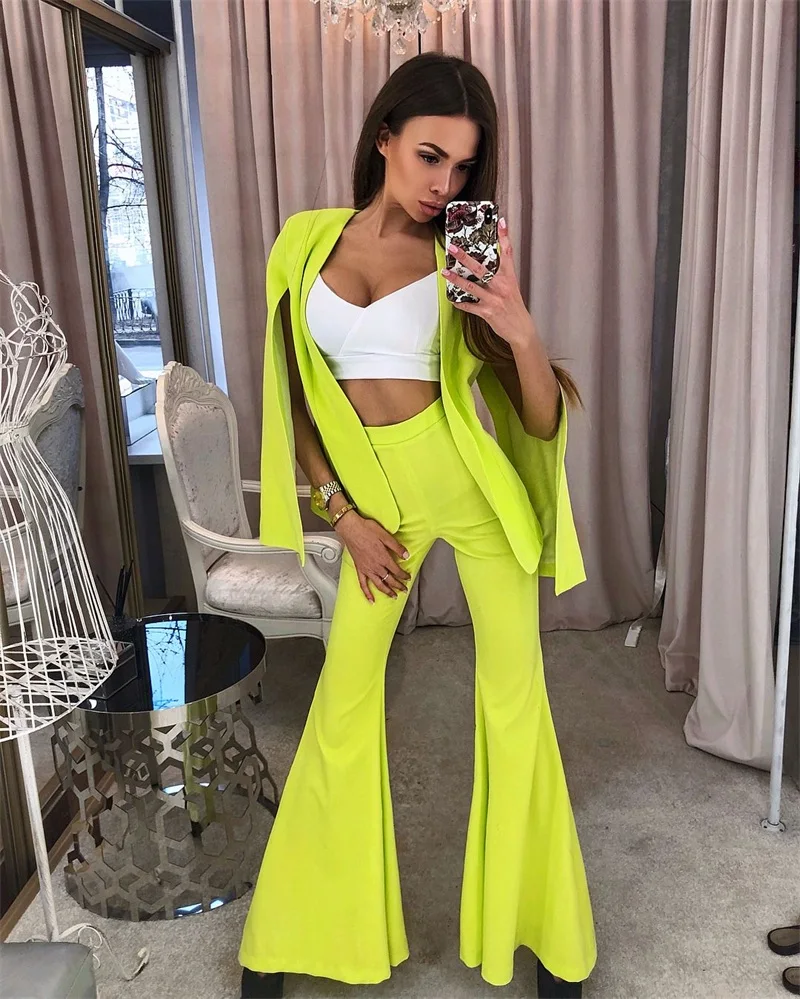 2 Pieces Women Suits Bright Yellow Fashion Bell-Bottomed Pan+Coat Sexy Split Sleeve Summer Formal Party Suits Customize