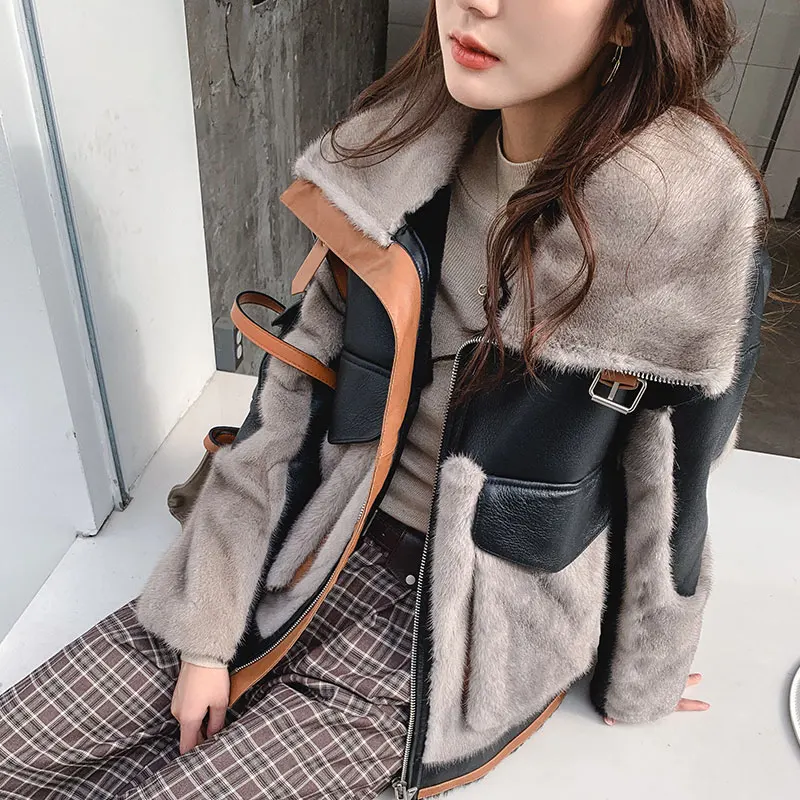 MENINA BONITA Genuine Leather Winter Jacket Women Fashion Coat Natural Real Mink Fur Thick Warm Outerwear Streetwear Locomotive