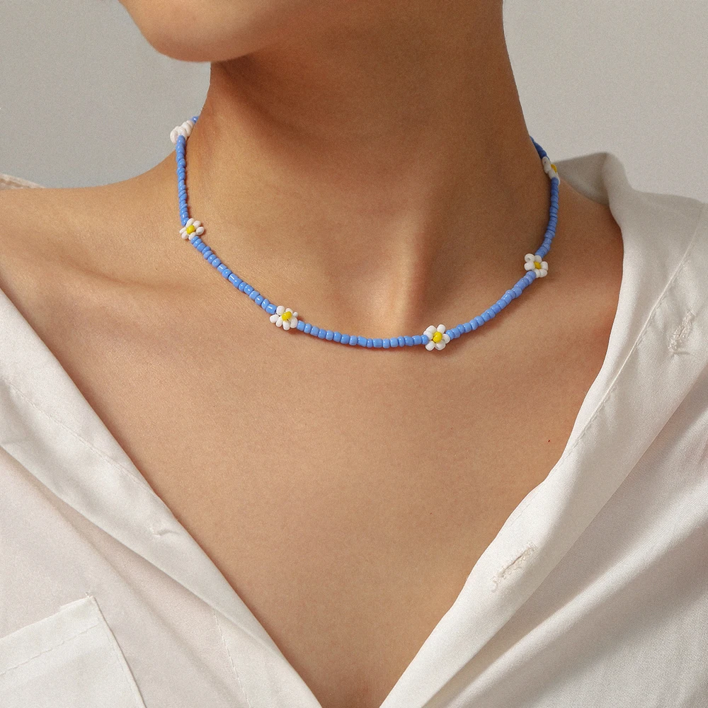 Blue Crystal Seed Bead Choker Pearl Natural Stone Chips Pendant Women Beach Travel Bohemian Necklaces