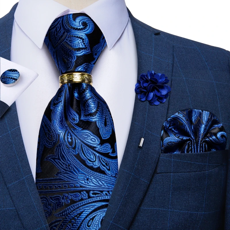 Luxuriöse Blau-Gold Paisley-Krawatten für Herren, Business-Hochzeits-Krawattenset mit Krawattenring, Brosche, Manschettenknöpfen und Einstecktuch – Detail 23