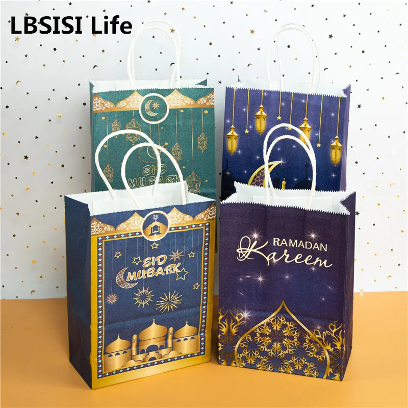 

LBSISI Life 6pcs Stars Moon Handle Paper Gift Bags Candy Chocolate Snack Packing Kids Favors Ramadan Festival Party Decoration