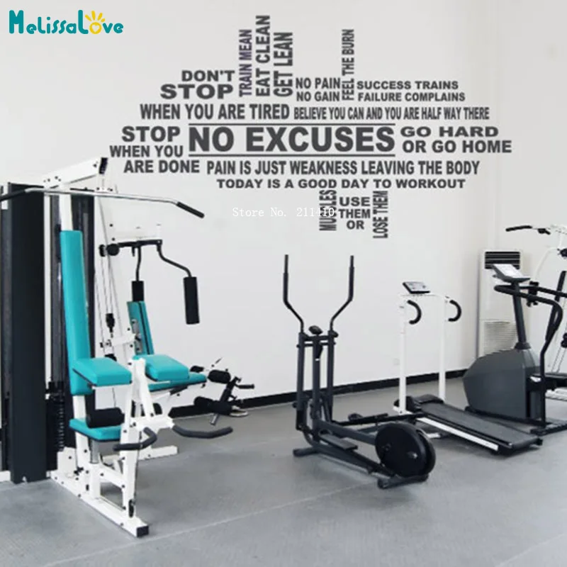 Workout Collage Inspirational Quotes Vinyl Wall Decals No Excuses Gym Murals Fitness Decor Removable YT5818