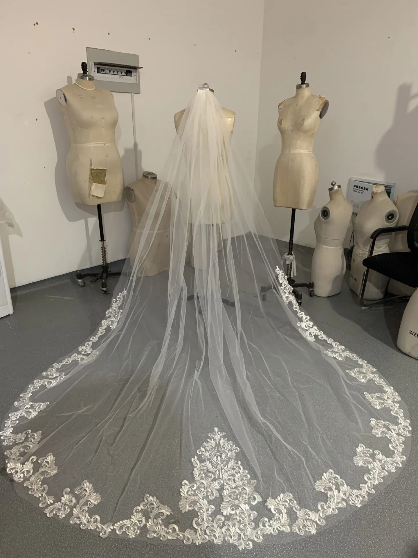 Lace Appliqued Véu De Casamento, Comprimento Da Catedral, Véus De Noiva, Cabelo De Noiva Com Pente, 1T, 270cm