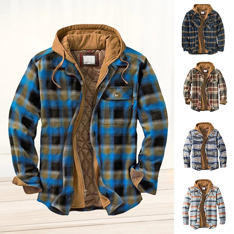 

Mens Warm Quilted Lined Cotton Jackets With Hood Button Down Zipper Long Sleeve Plaid Jackets For Camping Hiking Whstore