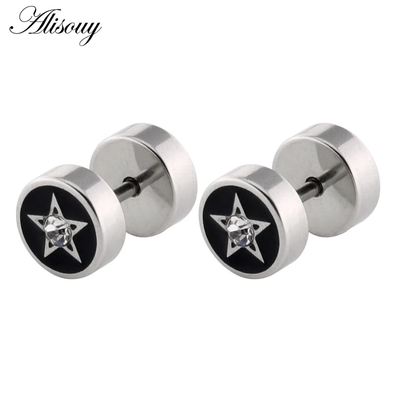 Alisouy 2pcs Gold Color Barbell Stainless Steel Men Earrings Punk Piercing Ear Stud Women Jewelry Best Earing For Friend