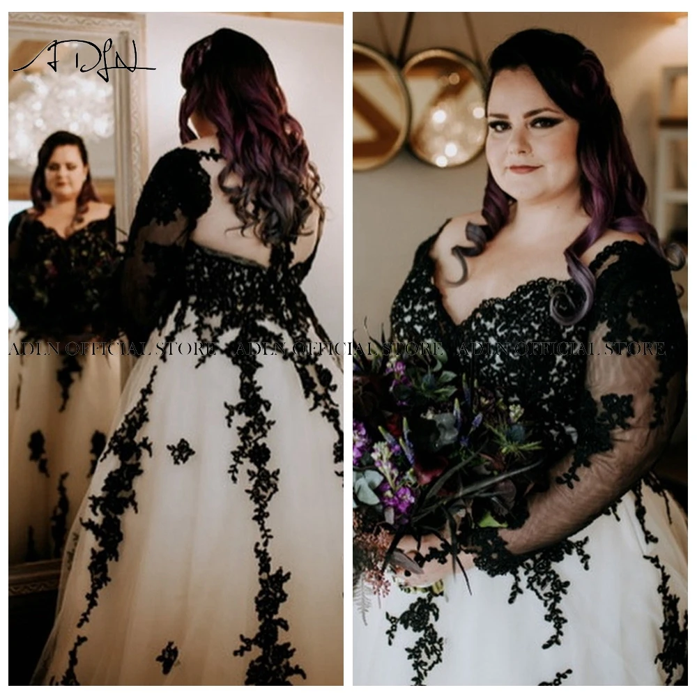 Black And White Wedding Dress Plus Size Bridal Gowns Customized Long Sleeves Lace A-line Bride Dresses Vestido de Novia