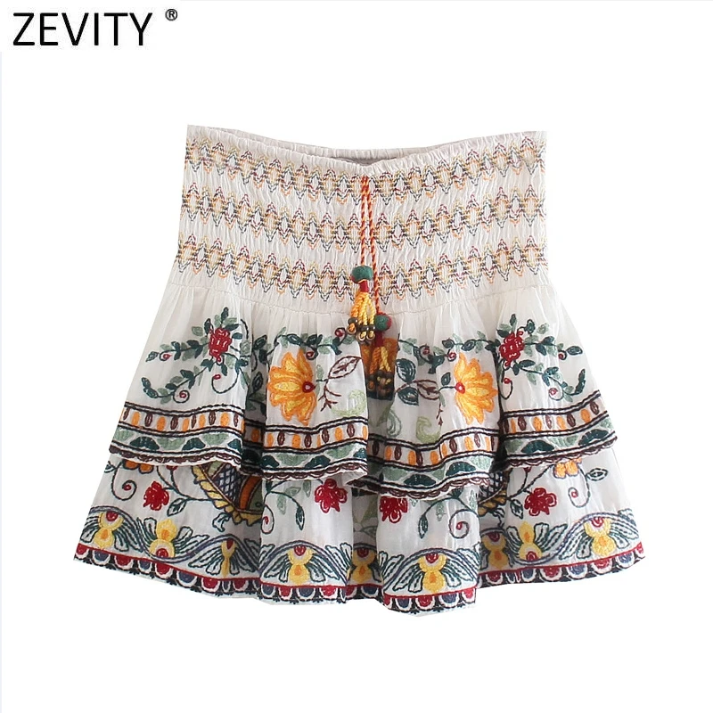 Zevity 2022 Women Vintage Floral Embroidery Double Layer Ruffles Mini Skirt Faldas Mujer Lady Chic Elastic A Line Vestido QUN902