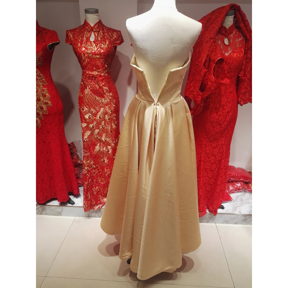 Champagne Gold Evening Dress Hi Lo Prom Dress Real Pictures Satin  Strapless Zipper Back High Waist Fast Shipping