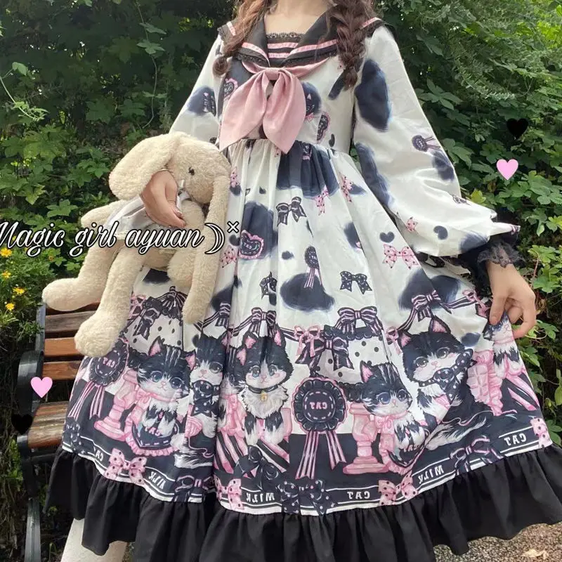 Japanese Sweet Lolita Dres Cow Print Cute Cat Dress Navy Collar Long Sleeve OP Dress Autumn Harajuku Bow Tea Party Dress