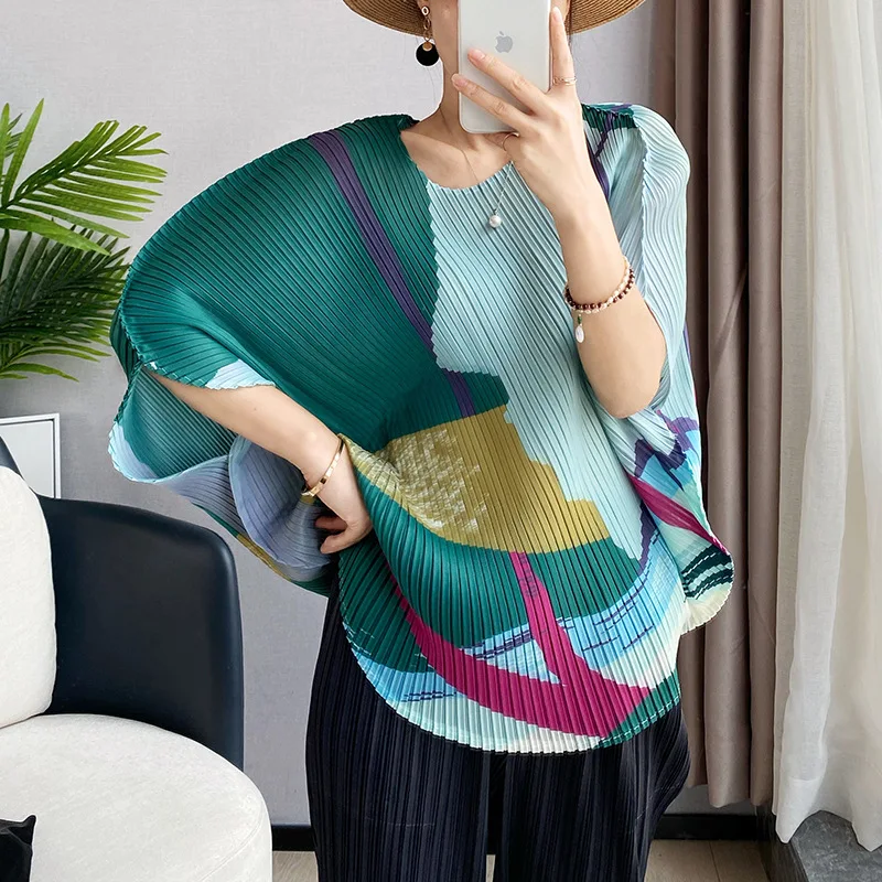 Tops For Women 45-75kg Spring Summer Elastic Loose Miyake Pleated Clothing Round Neck Batwing Sleeves T-Shirts Female