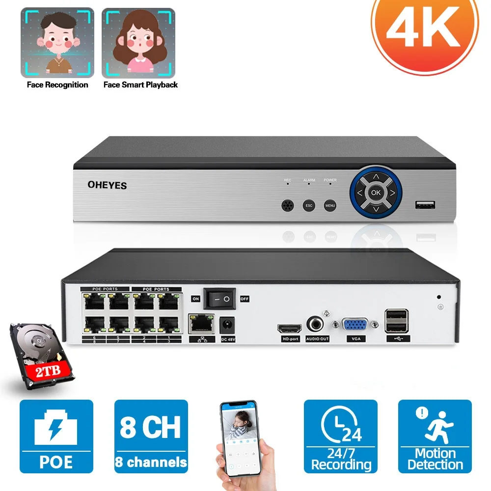 H.265 8CH 5MP 4K POE NVR CCTV Network Video Recorder for POE IP Cameras P2P XMEYE CCTV NVR Video Surveillance System 8 Channel