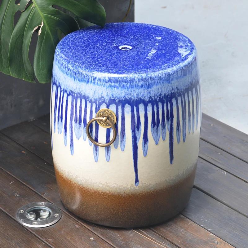 Conventional Chinese Colorful Ceramic Drum Ottomans With Retro Copper Ring For Decoration