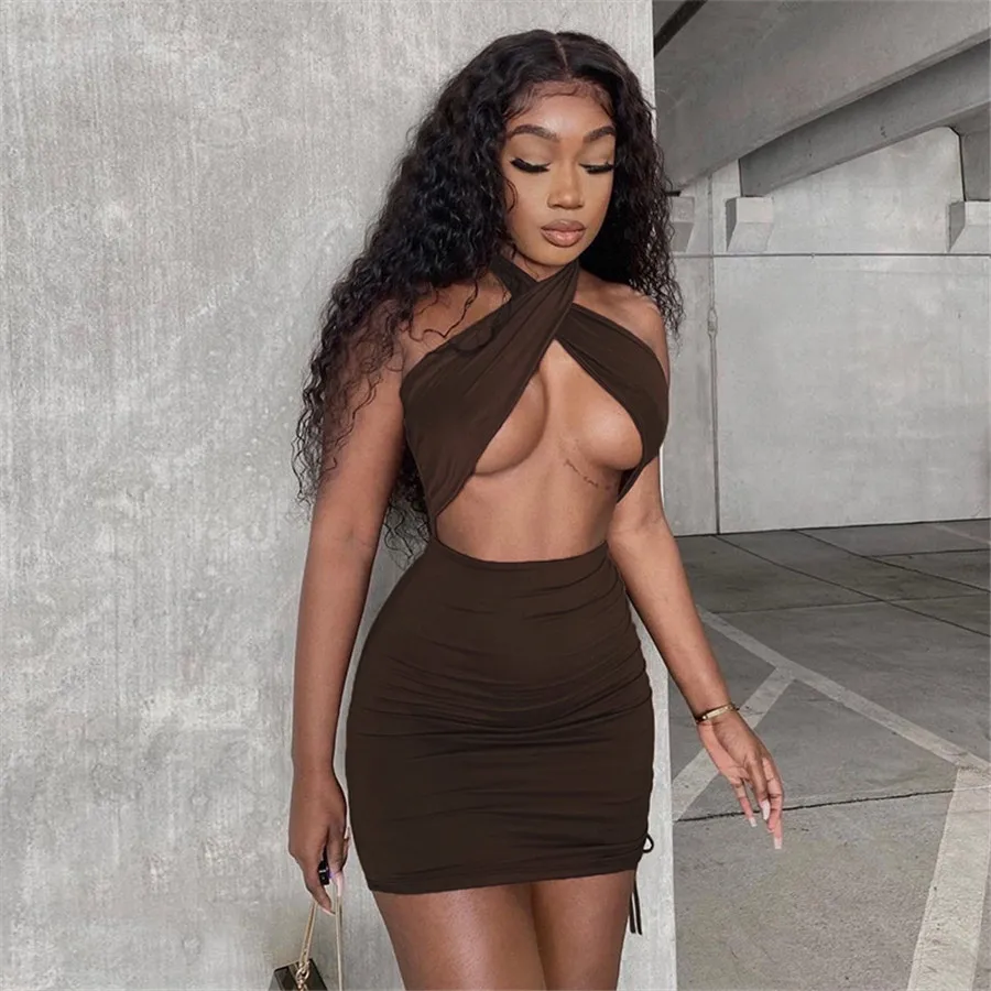 Fashion Brown Cross Halter Neck Sexy Dress Summer Women Ruched Cut Out Bodycon Dresses 2021 Ladies Club Night Party Mini Dress