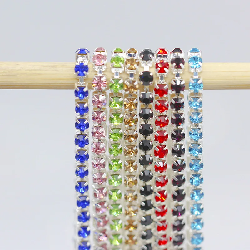 10yard 1Row ss6 ss12 ss16 colour Crystal Glass rhinestone Silver Cup claw close chain sewing Trim craft for Garment accessories