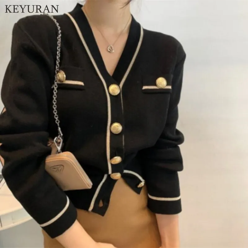 Chic Knitted Cardigan Woman 2024 Button Vintage Sweater Female V-Neck Single-breasted Cropped Sweater Outwear Women Kniting Tops