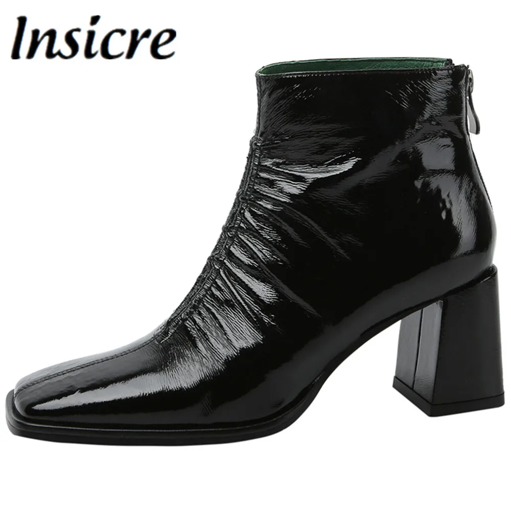 

Insicre Unique Women Pleated Zipper Block Heels Ankle Boots Vintage Fashion Square Toe Autumn Winter Patent Leather Footwear