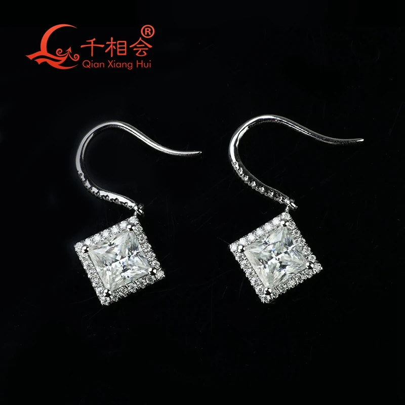 8mm square shape  earrings  ear stud   925 silver round  6mm main stoneD vvs  white moissanite  stone  drop earring  jewelry