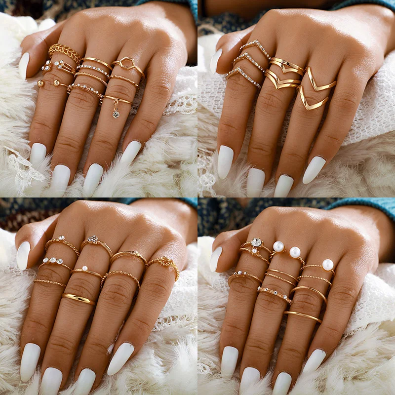 Trendy Boho Crystal Joint Ring Set For Women Geometric Knuckle Finger Rings Female Wedding Party Jewelry