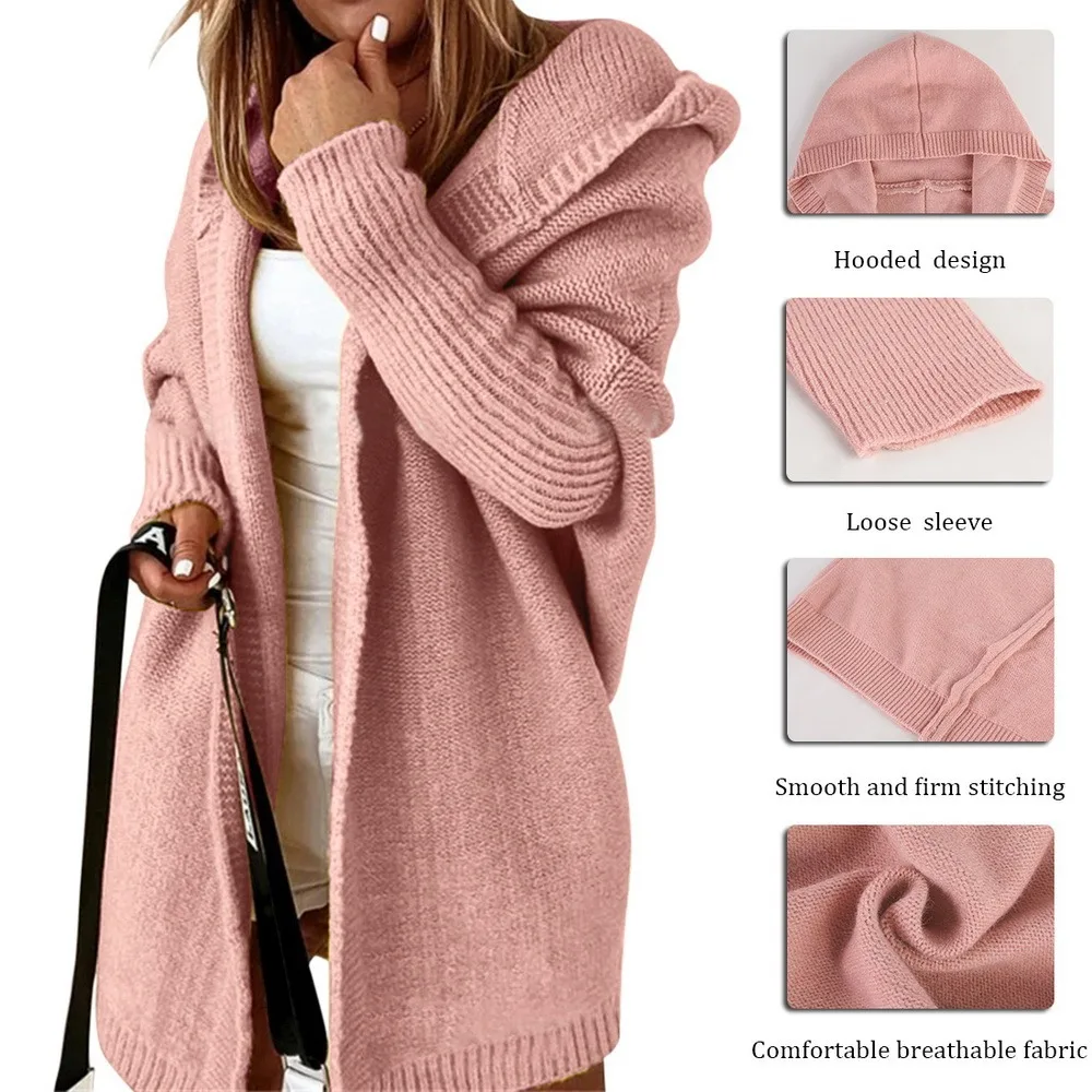 Long Hooded Cardigan Women Solid Color Braid Knit Overcoat Loose Ladies Sweaters Coat Plus