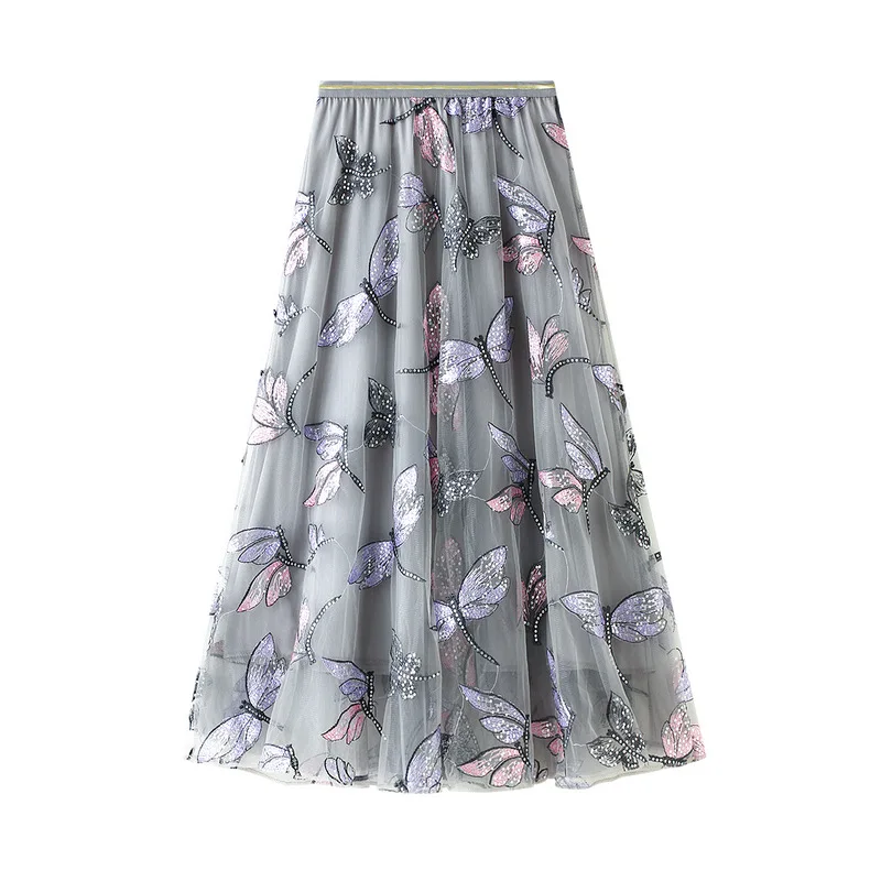 

Comelsexy New 2024 Spring Autumn Dragonfly Embroidery Tulle Women Long Skirts High Waist Chic A-Line Umbrella Mesh Skirt Female