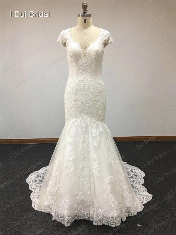 Short Sleeve Lace Mermaid Wedding Dress Illusion Button High Back New Bridal Gown Custom Made