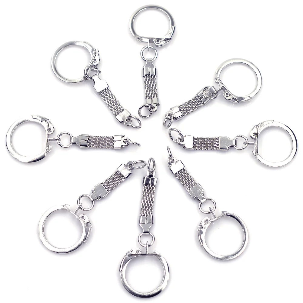 100Pcs Key Chains Keyrngs With Mesh Belt Metal Silver Tone Charms Jewelry DIY Accessories  6.2x2.3cm(2 4/8