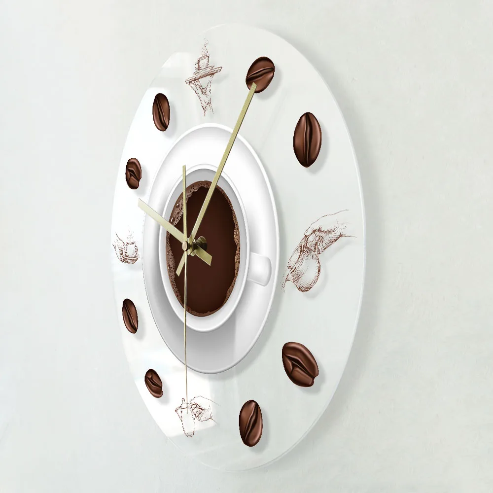 Coffee Hand Drawing illustration Kitchen Wall Clock Modern Print Clock Minimalist Acrylic Wall Watch