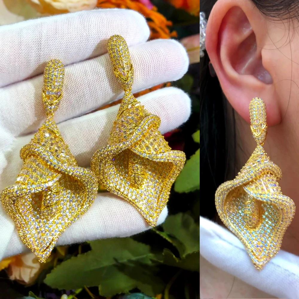 

Missvikki Luxury golden Lily Flower Pendant Earrings For Women Wedding Party CZ Dubai Bridal Earrings Fashion Trendy Jewelry
