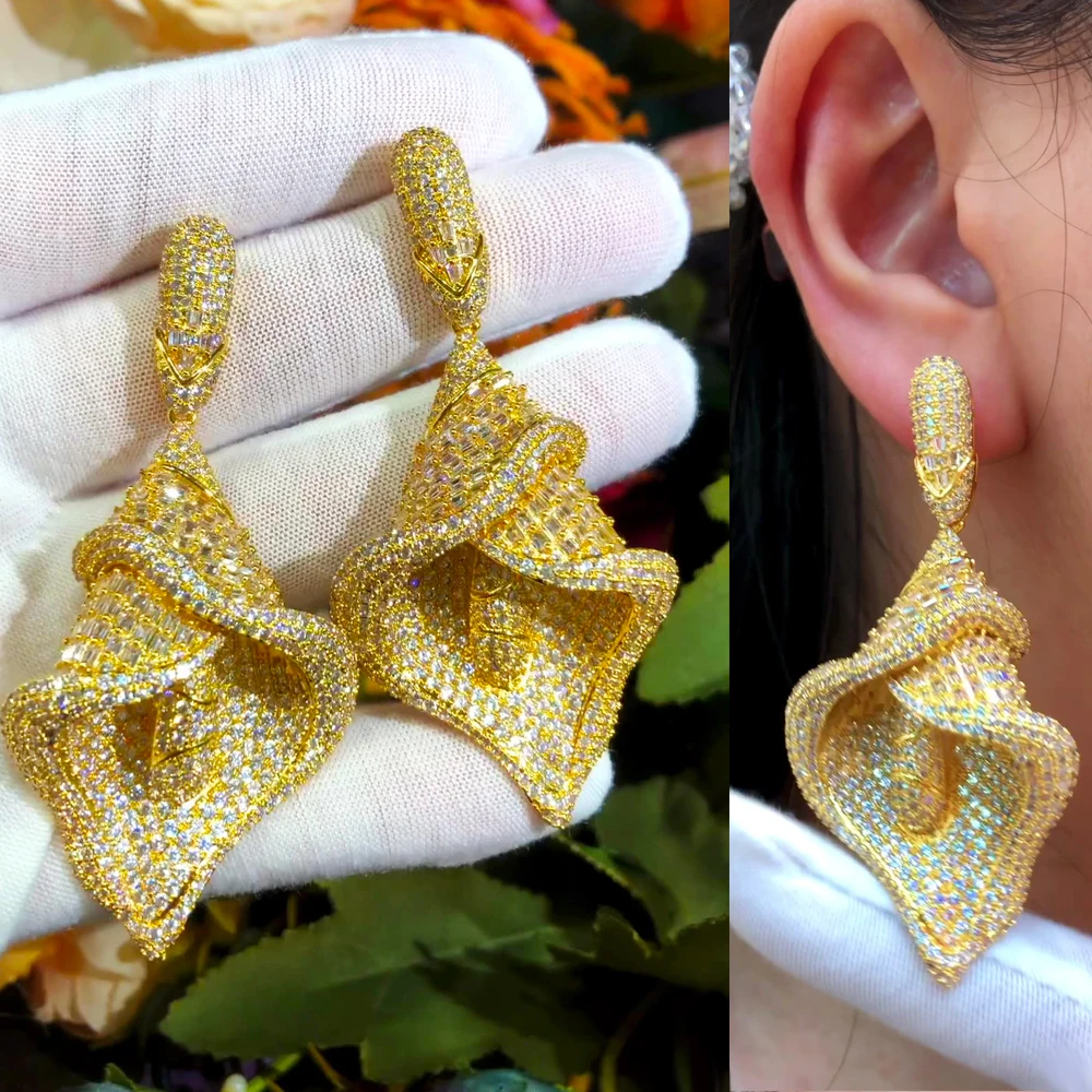 Missvikki Luxury golden Lily Flower Pendant Earrings For Women Wedding Party CZ Dubai Bridal Earrings Fashion Trendy Jewelry