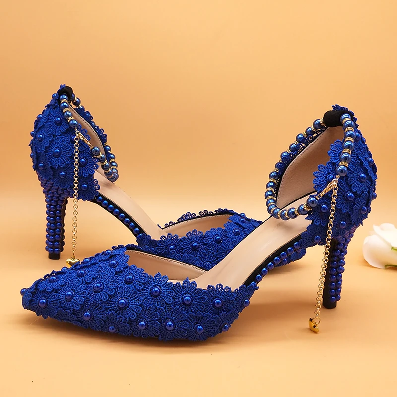 Royal Blu scarpe da sposa Fiore scarpe con i sacchetti di corrispondenza di Alta tacchi scarpe A Punta Cinturino Alla Caviglia Delle Signore Del Partito scarpe e borsa set scarpe perla