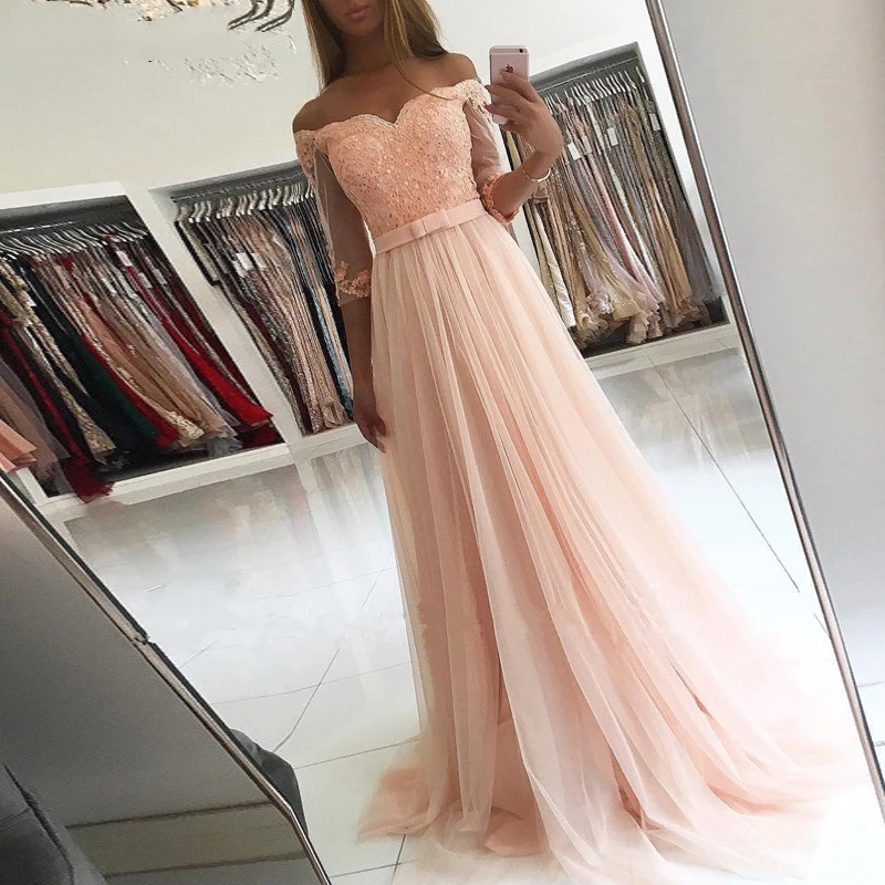 Peach Evening Dresses A-line Half Sleeve Tulle Lace Beaded Vestidos De Graduacion Long  Gown 2024  Prom Costume Guest