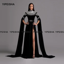 Yipeisha High Neck Black Prom Dress Side Slit Long Sleeves Formal Evening Dresses for Special Occasion Luxury Beaded Customized