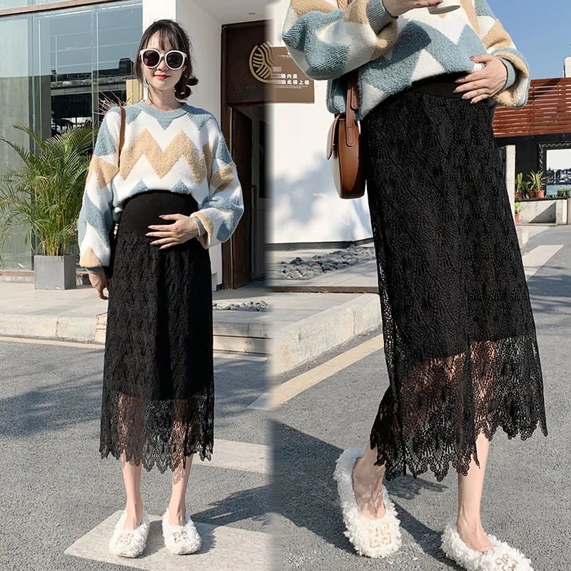 8524# 2021 Spring Autumn Chic Lace Maternity Skirts High Waist Adjustable Belly Clothes for Pregnant Women Korean Pregnancy