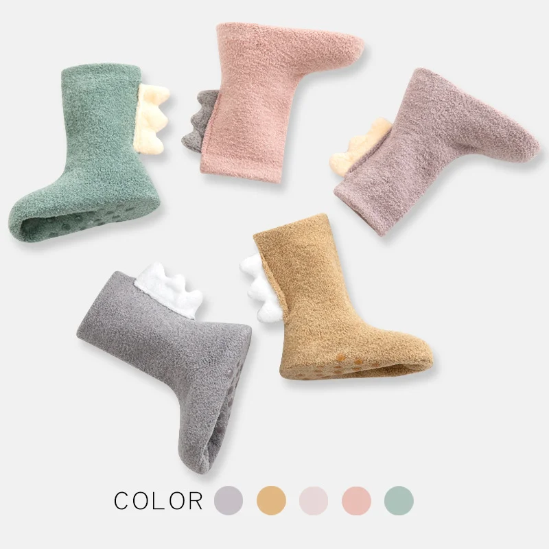 Thicken Terry Soft Coral Fleece Winter Warm Baby Socks Cute Cartoon Dinosaur Infant Todder Non-slip Floor Sock Boys Girls Kids