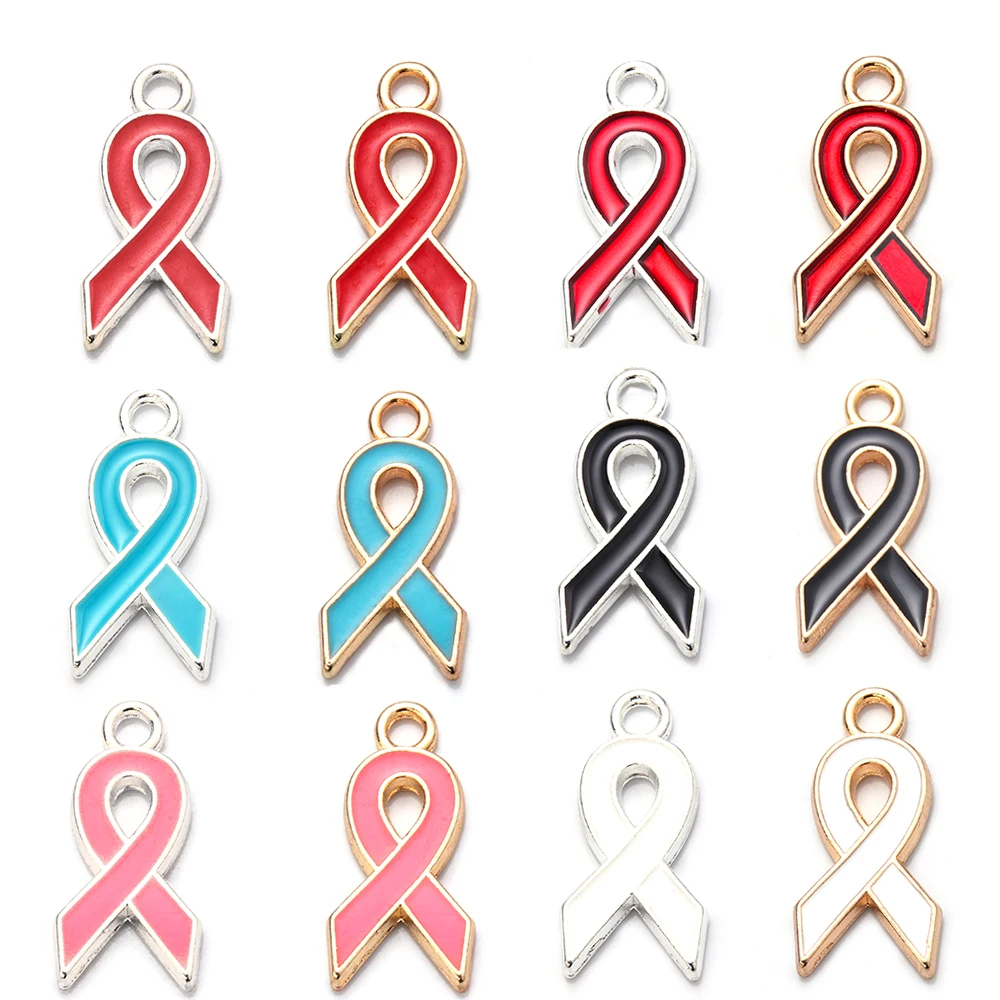 10pcs/lot Breast Cancer Awareness Ribbon Pendant Pink Ribbon Charm Pendants DIY Accessories for Women Jewelry Necklace Bracelet