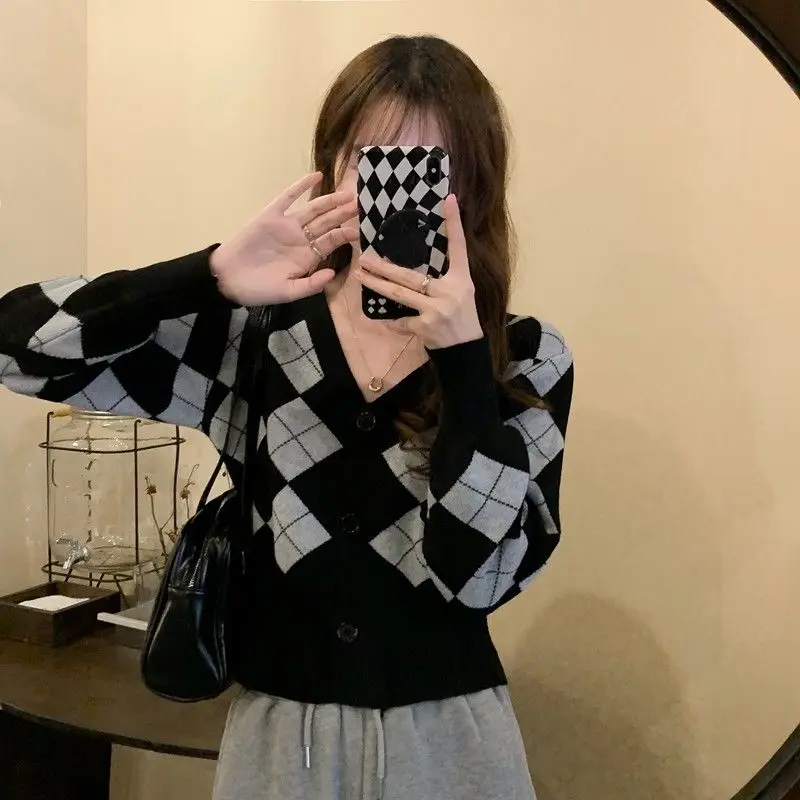 Cardigan Women Vintage Argyle Skinny All-match College Knitted Leisure Cozy Elegant V-neck Korean Style Female Cropped Sweater