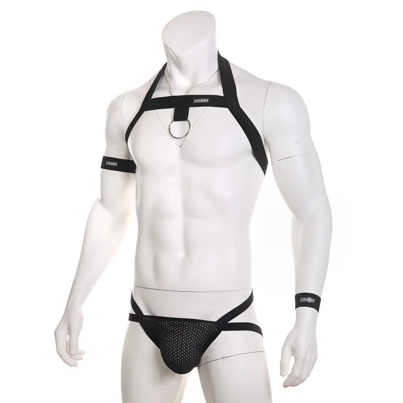 CLEVER-MENMODE seksowna męska bielizna zestaw szelki z paskiem na ramię G String Chest elastyczna opaska Jockstrap stringi Bondage Hollow Costume