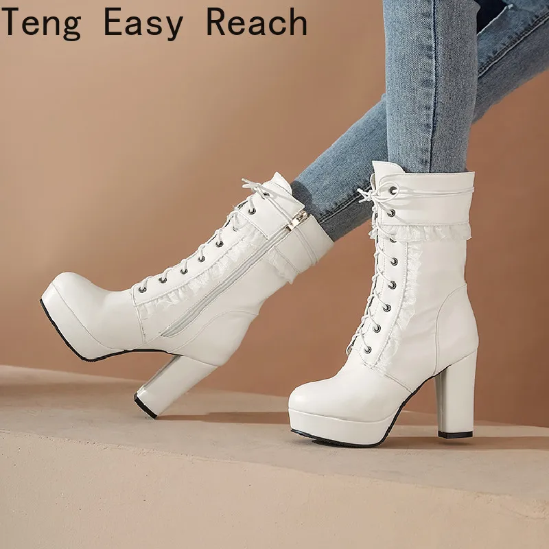 New Women Platform High Heels Boots Round Toe Lace Up Zipper Sexy Female Motorcycles Boots White black large size46