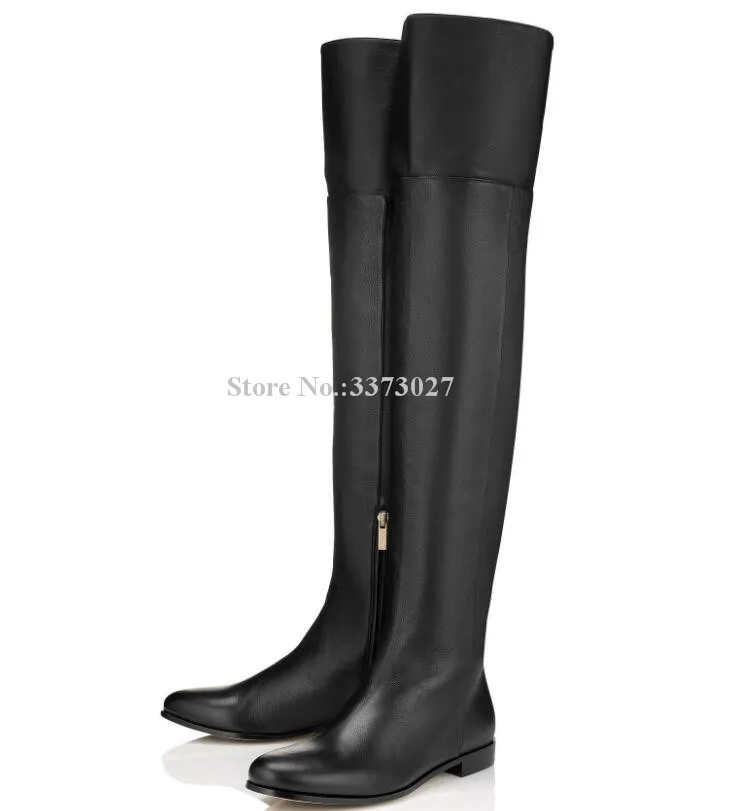 Black Leather Woman Flat With Long Boots Fashion Round Toe Over the Knee Knight Boots Lady Large Size Casual Boots