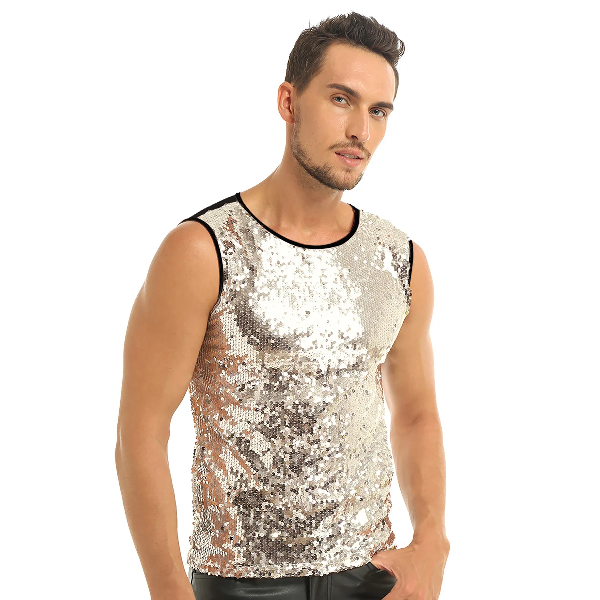 Mens Summer Vest Top Sleeveless Crew Neck Sequin Slim Fitted Vest Tank Top Tee T-shirts Clubwear Dance Performance Tops Costumes