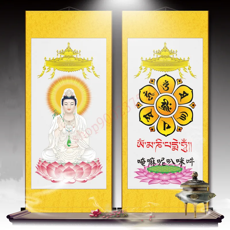 Guanyin Bodhisattva heart mantra, six character mantra, silk scroll hanging painting decoration