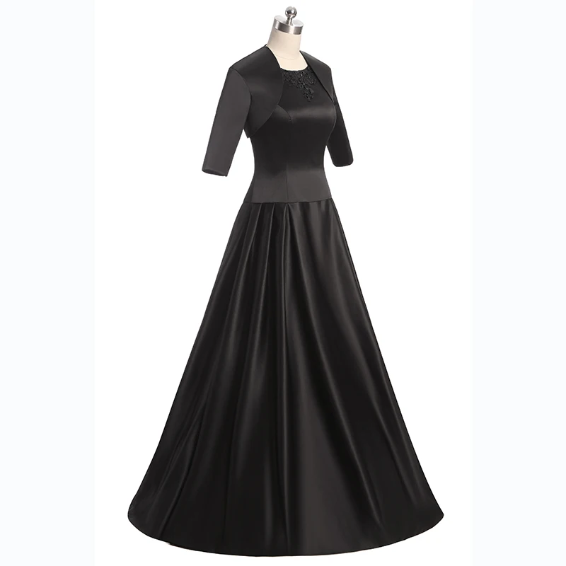 Vestido de satén negro con cuentas para fiesta de boda, prenda de longitud hasta el suelo, con chaqueta, hecho A medida